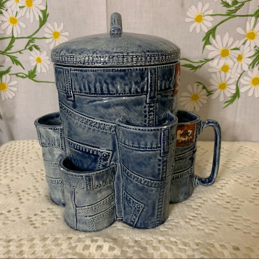 Vintage 70s denim look lidded ceramic canister - Picture 6 of 13